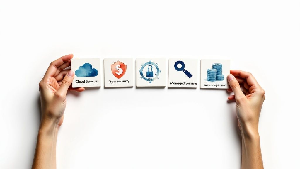 Hands holding tiles with icons for cloud, security, IT solutions, managed services, and financial aspects.