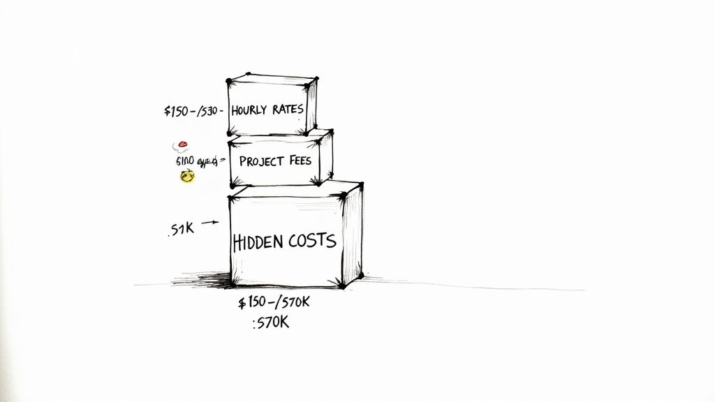 Hand-drawn stacked boxes illustrating project costs: hourly rates, project fees, and hidden costs.