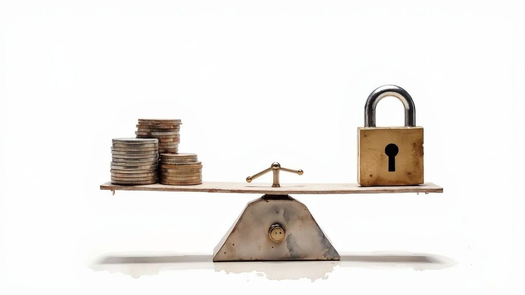 A balance scale with stacks of coins on one side and a golden padlock on the other.