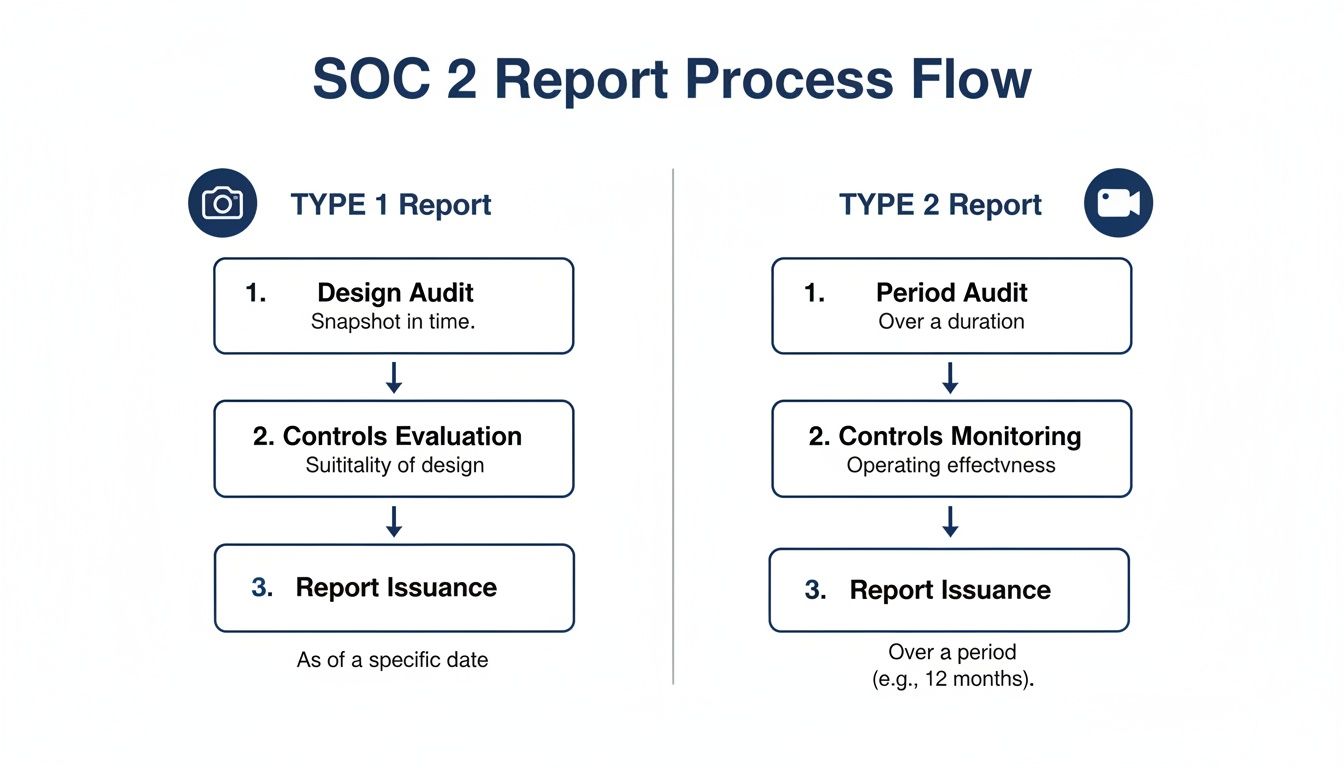 Detailed flow of SOC 2 Type 1 and Type 2 report processes, including audits and report issuance.