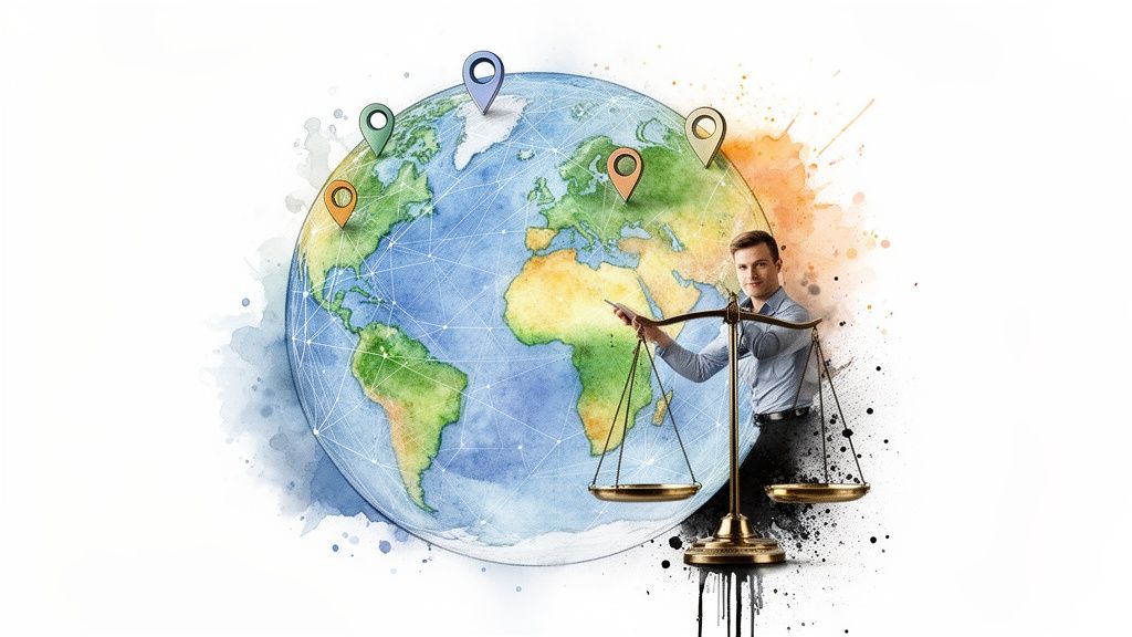 A man holds a balance scale in front of a watercolor globe with network lines and location pins.