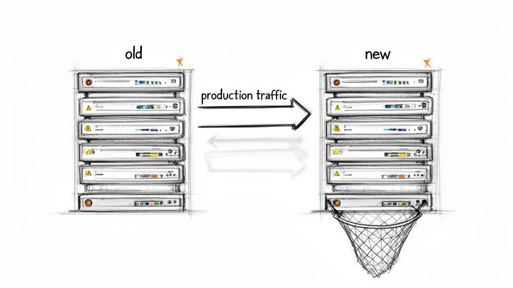 Diagram shows production traffic moving from an old server rack to a new one, with the new system catching traffic in a net.