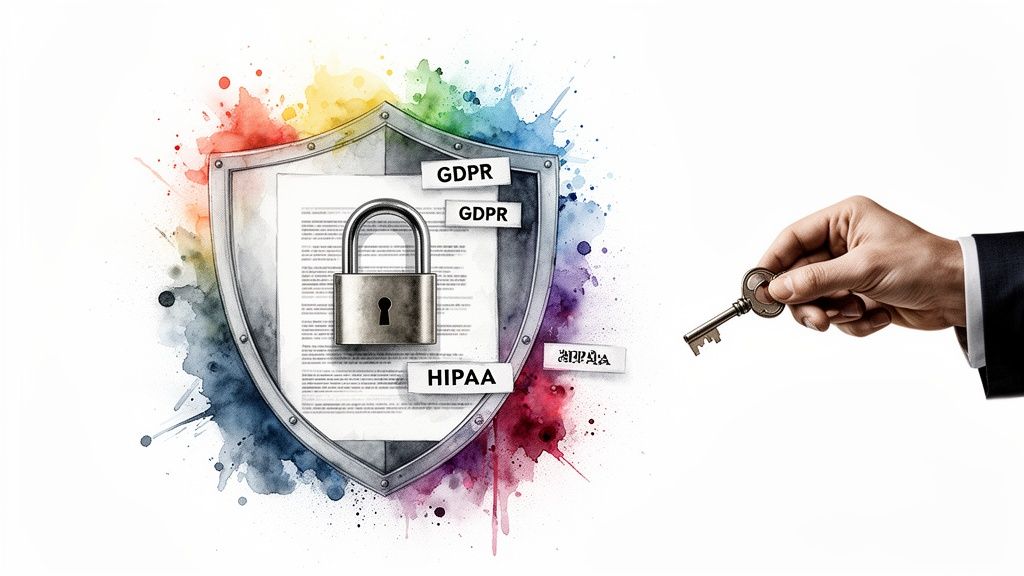 Hand holding a key approaches a shield protecting documents with GDPR and HIPAA labels.
