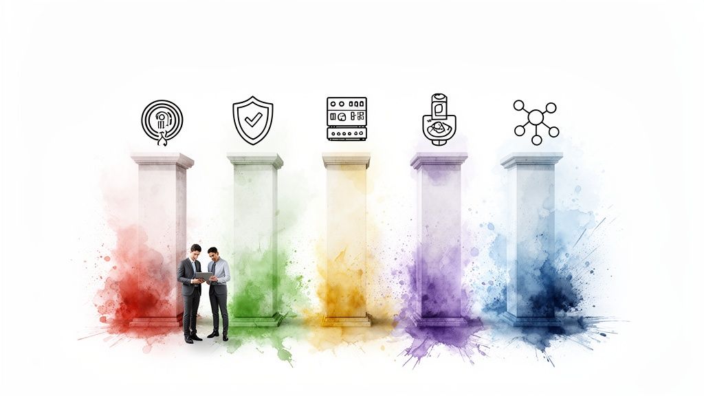 Businessmen with tablet, five pillars depicting cloud managed services: identity, security, servers, workflow, and network.