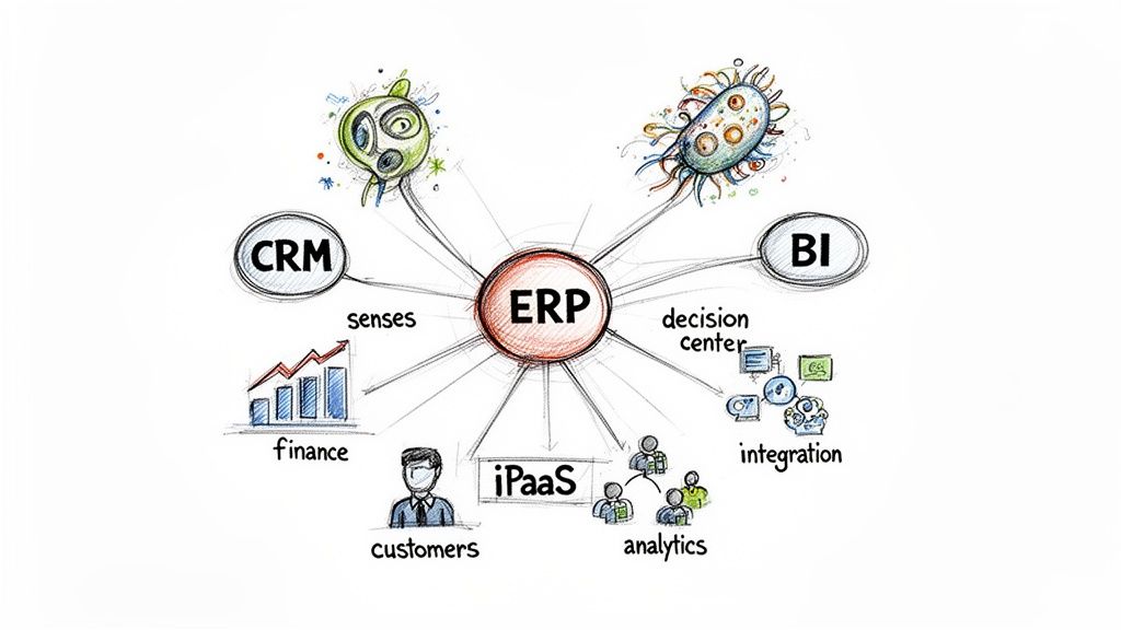A hand-drawn diagram illustrating Enterprise Resource Planning (ERP) as a central hub connecting CRM, BI, finance, analytics, and integration.