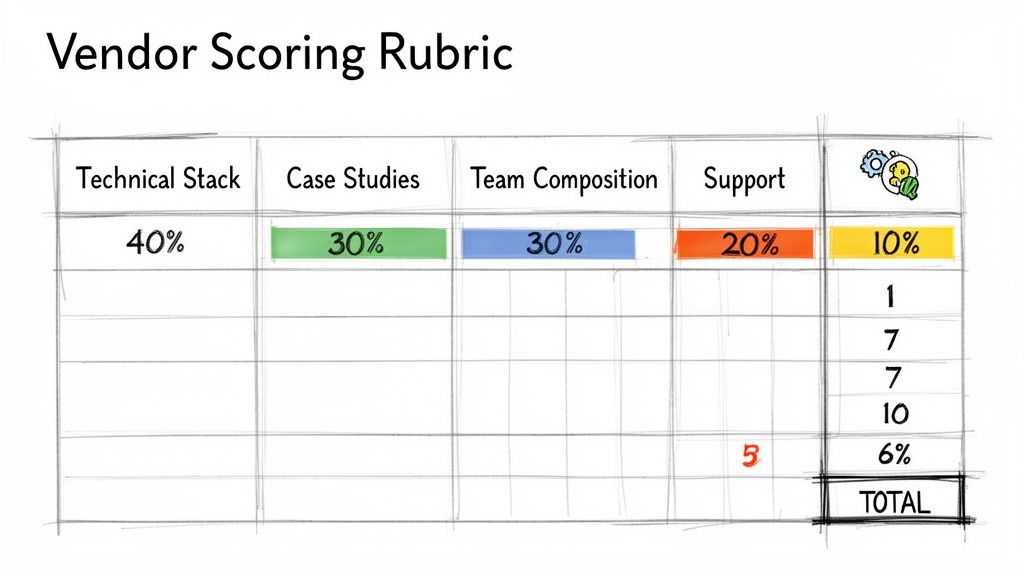 A vendor scoring rubric table displaying weighted criteria for evaluation, including technical stack and support.