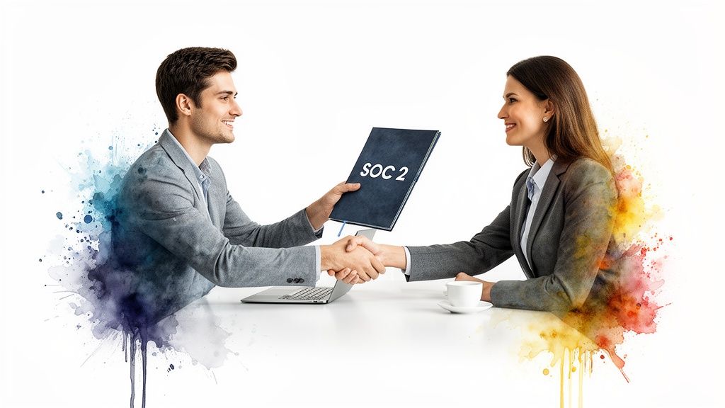 Two business professionals shake hands across a table, one holding a document labeled SOC 2.