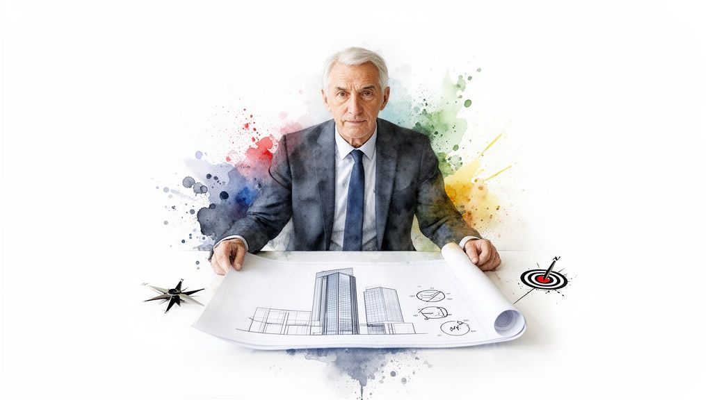 A senior man in a suit sits at a desk with a building blueprint, compass, and target, surrounded by colorful splashes.