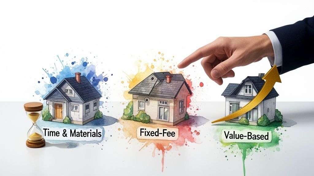 Three houses represent Time & Materials, Fixed-Fee, and Value-Based pricing models, with a hand pointing to Value-Based.