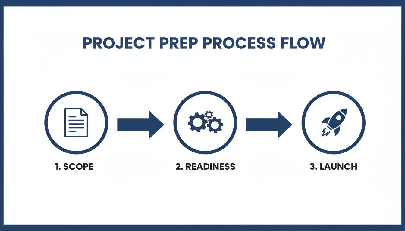 A project preparation process flow diagram showing three sequential steps: Scope, Readiness, and Launch.