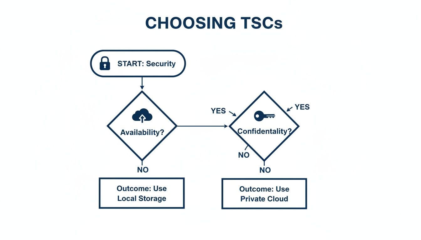 Flowchart for choosing Technical Security Controls (TSCs) based on security, availability, and confidentiality.