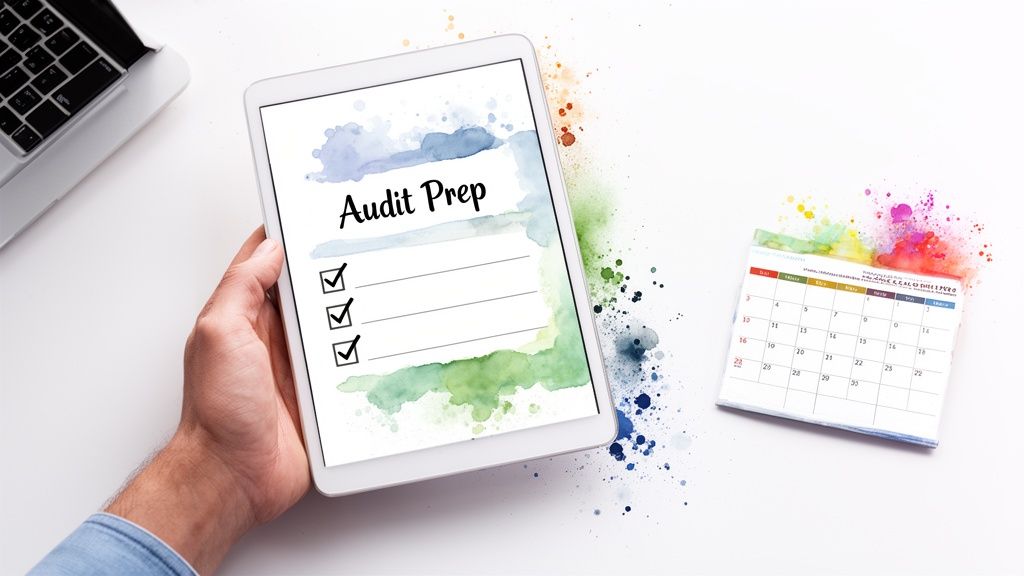 A hand holds a tablet displaying an 'Audit Prep' checklist, alongside a laptop and a calendar.