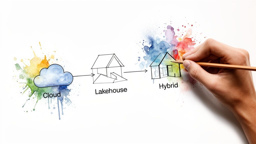 Hand drawing a diagram showing data architecture evolution from Cloud to Lakehouse to Hybrid.