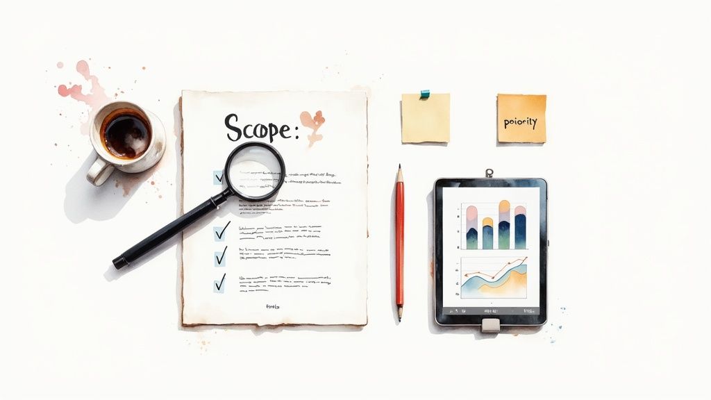 A desk flat lay with a 'Scope' document, magnifying glass, tablet with charts, coffee, and 'priority' sticky note.