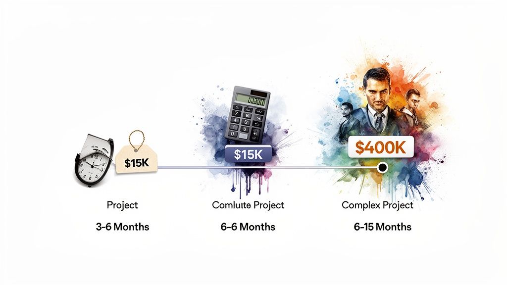 Infographic showing project progression from simple to complex, detailing costs and timelines.