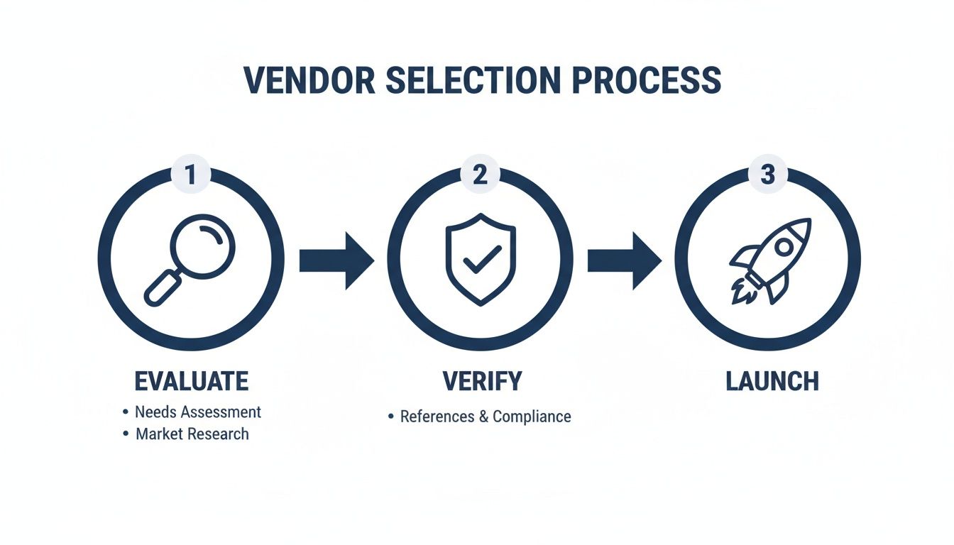 A three-step vendor selection process: evaluate, verify, and launch, with key details for each stage.