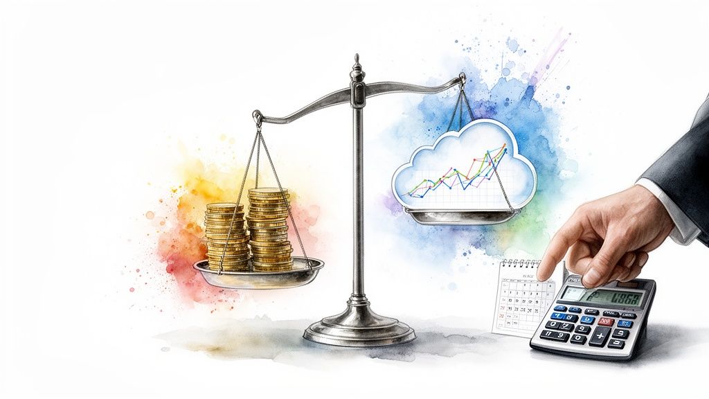 A hand calculating on a calculator next to a balance scale weighing money against cloud services.