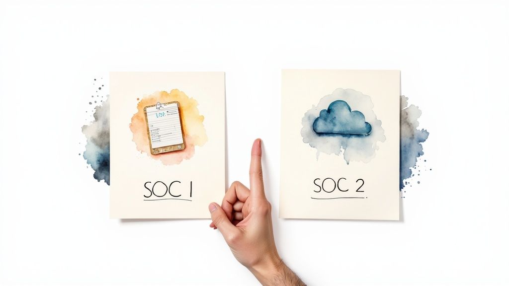 A hand pointing between two cards illustrating SOC 1 (clipboard) and SOC 2 (cloud) concepts.