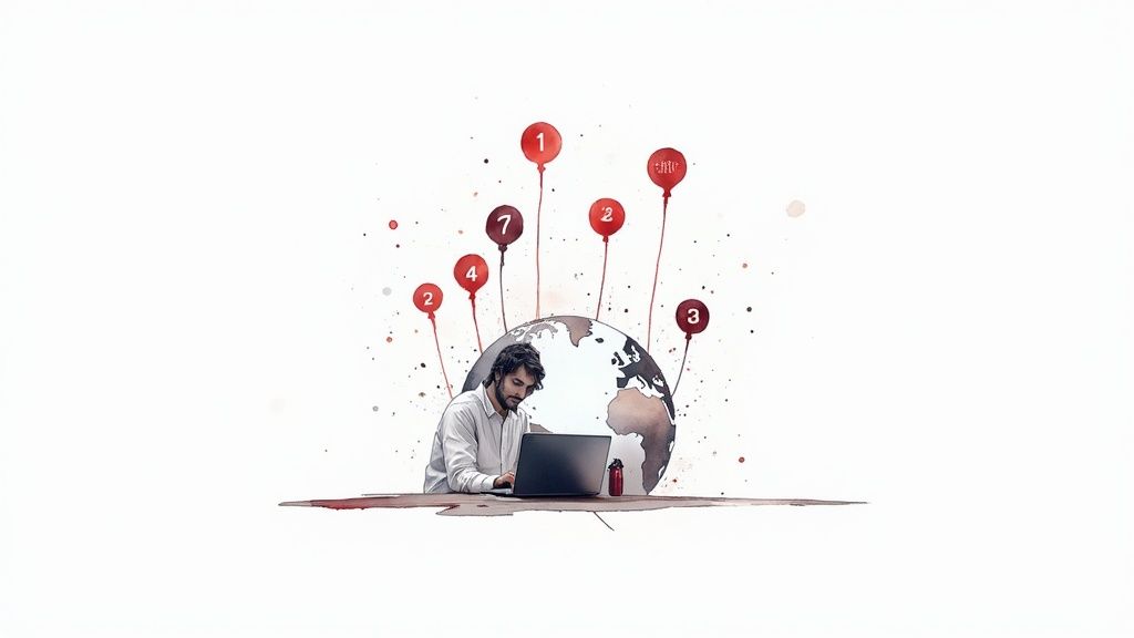A person working on a laptop with a global network illustrated by numbered red balloons.