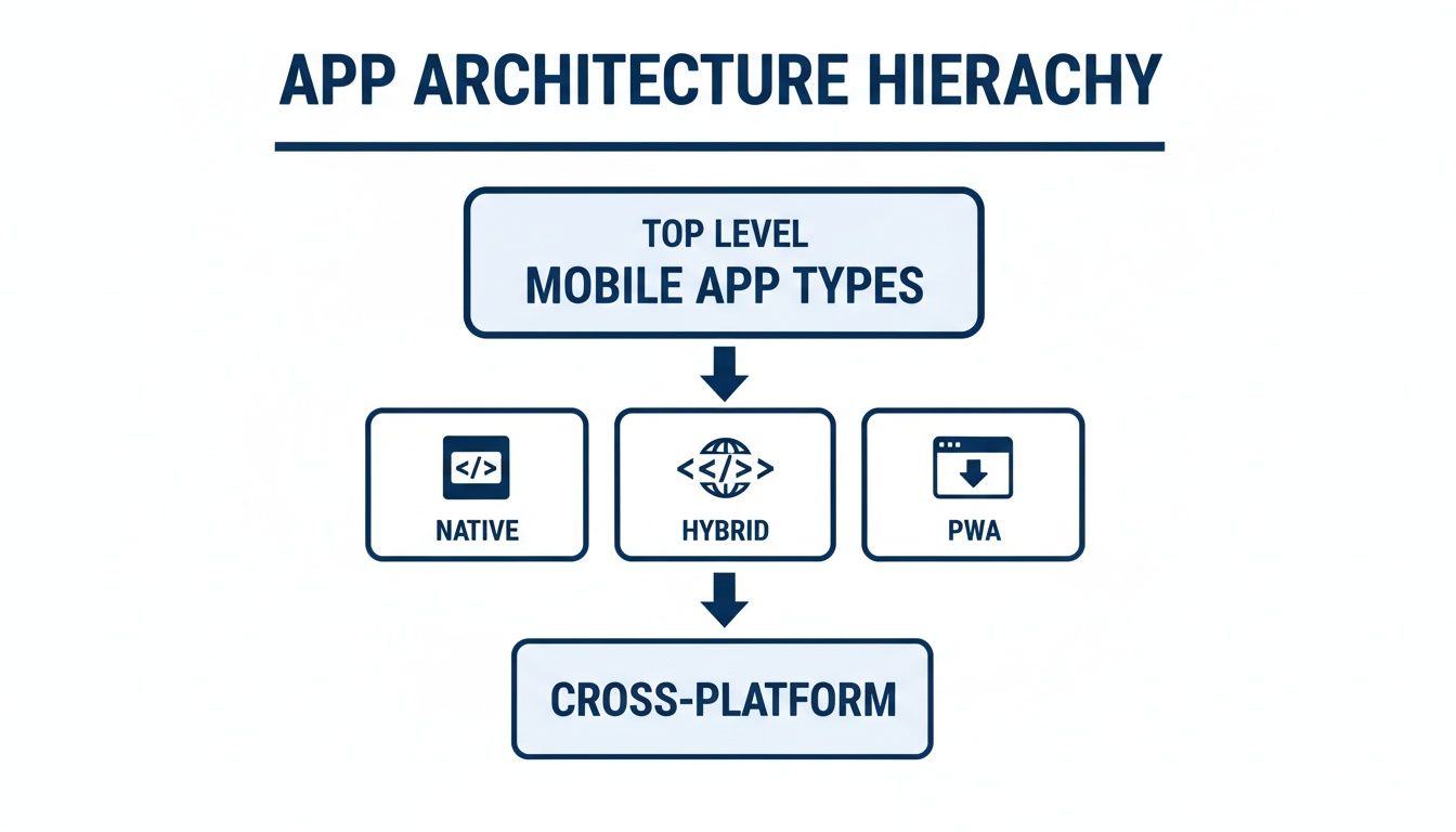 A diagram illustrates mobile app architecture hierarchy, detailing native, hybrid, PWA, and cross-platform types.