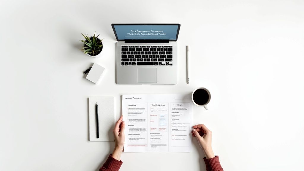 Flat lay of a professional workspace with hands holding a document, laptop, coffee, and plant.