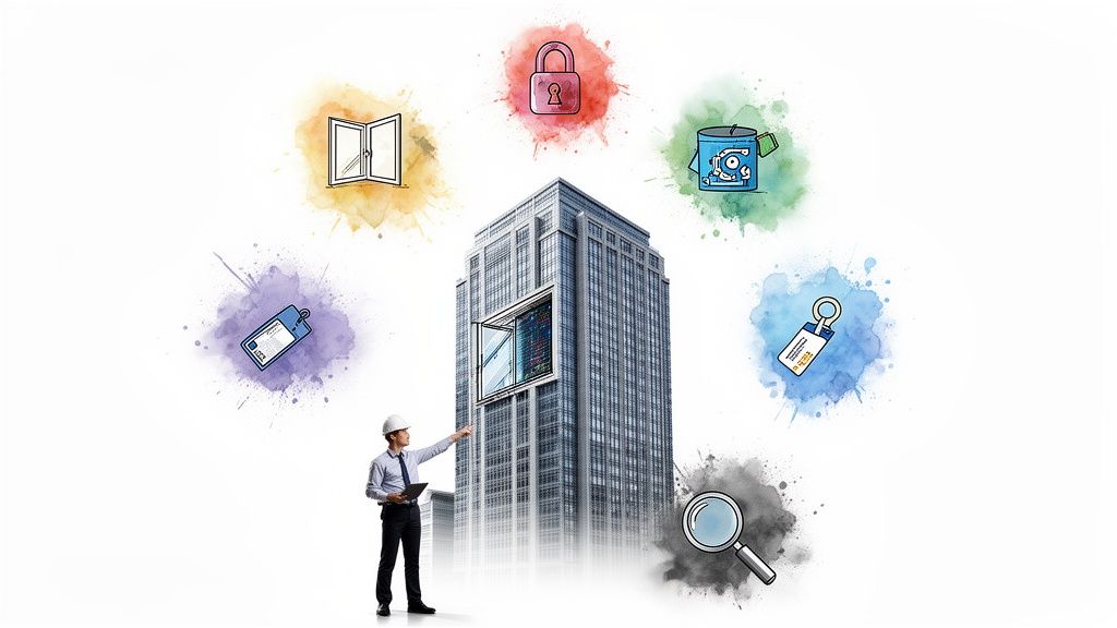 An IT professional pointing at a building representing a system, surrounded by data security and management icons.