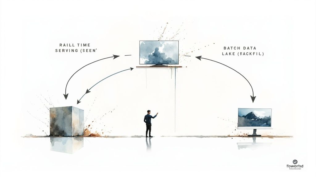 Conceptual diagram comparing real-time serving and batch data lake processing flows.