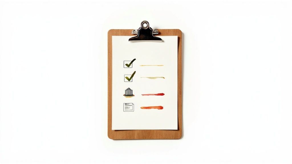 A white paper on a clipboard displays a checklist with two green checkmarks and colorful lines.