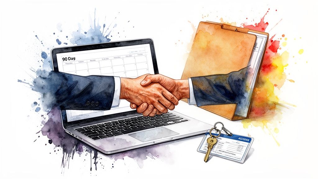 Watercolor illustration of a handshake emerging from a laptop and folder, symbolizing digital business agreement and access.