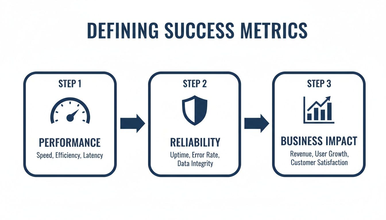 Infographic showing three steps to defining success metrics: Performance, Reliability, and Business Impact.