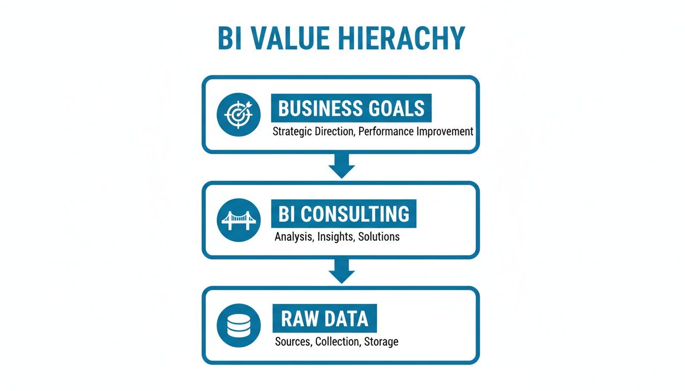 BI Value Hierarchy diagram showing Business Goals, BI Consulting, and Raw Data in a top-down flow.