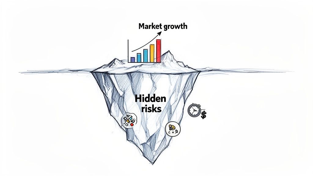 Iceberg illustration symbolizing market growth and hidden risks in business with icons for complexity, time, and cost.