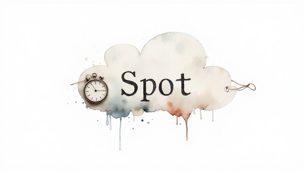 Watercolor cloud with 'Spot' text, a stopwatch, and paint drips, suggesting temporary or on-demand usage.