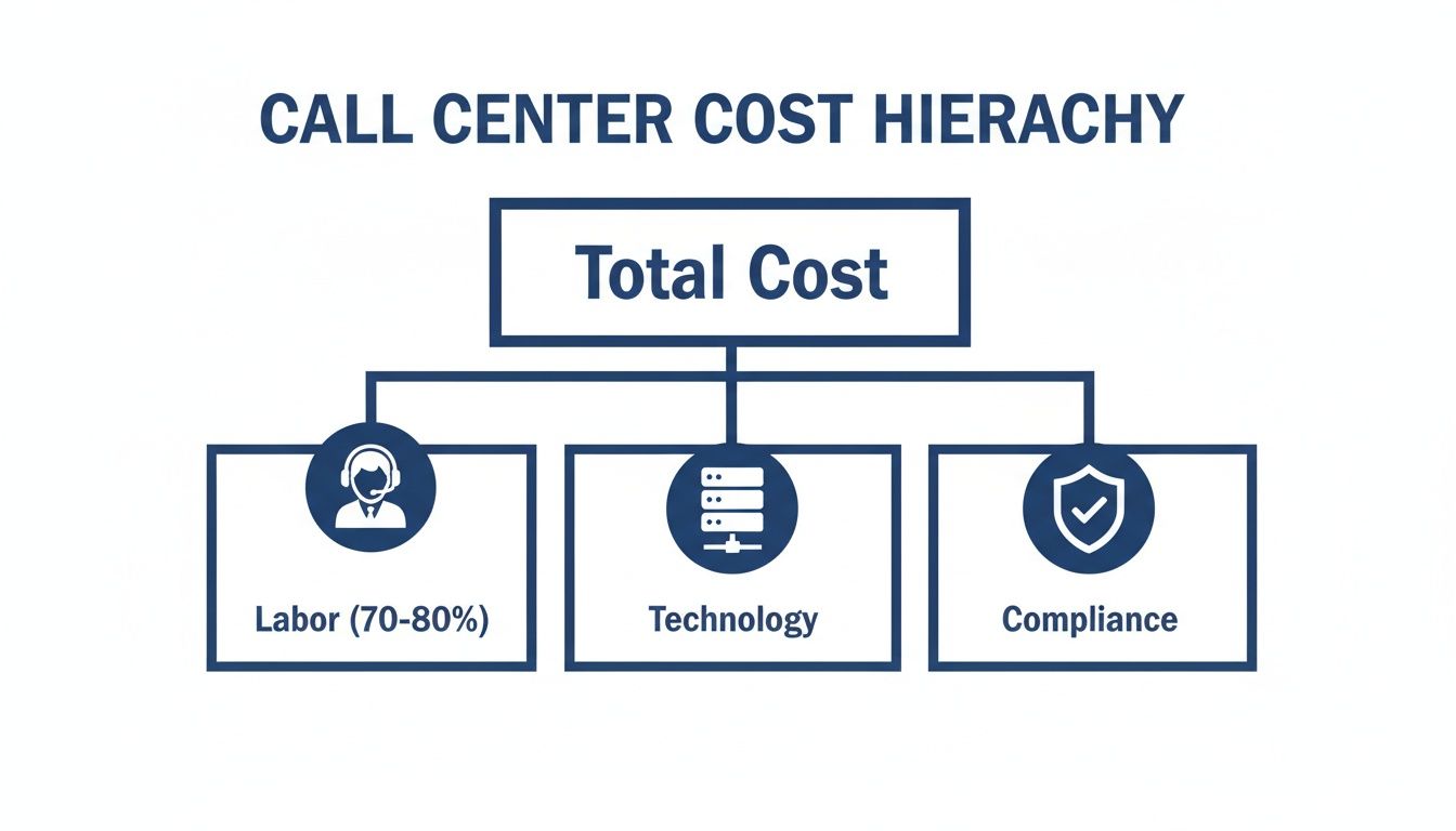 A call center cost hierarchy diagram showing total cost broken down into labor, technology, and compliance.