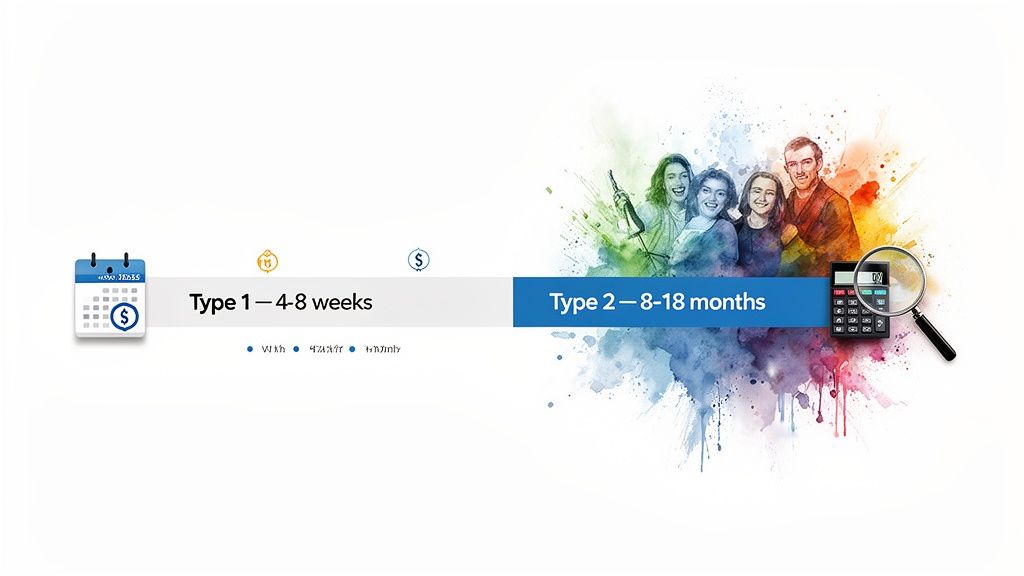 Infographic comparing Type 1 (4-8 weeks, calendar, money) and Type 2 (8-18 months, people, calculator, magnifying glass).