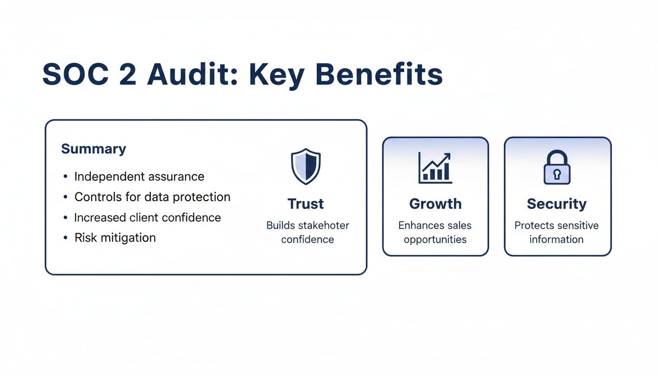 Key benefits of a SOC 2 Audit, highlighting summary points, trust, growth, and security for stakeholders.