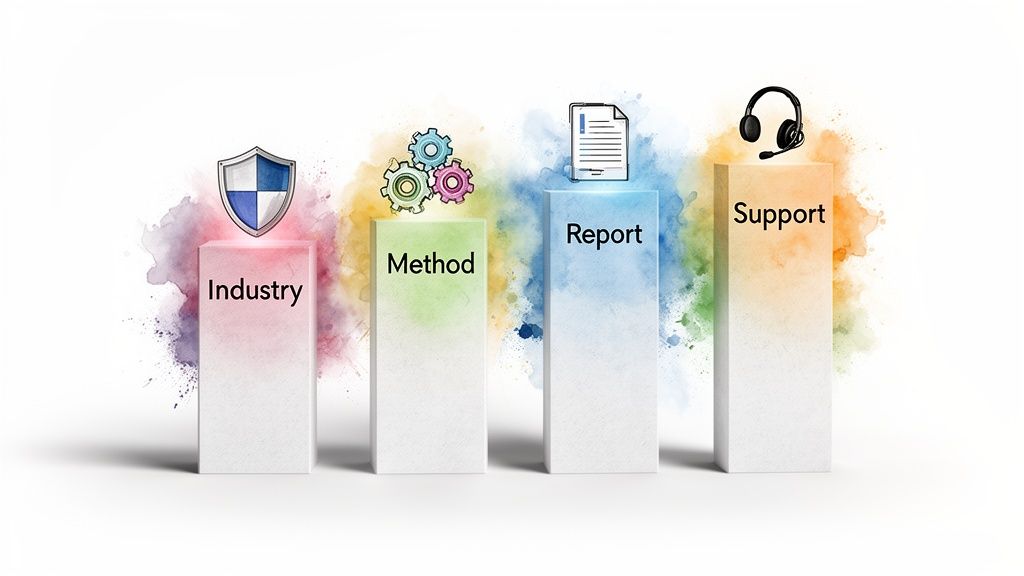 Four pillars representing Industry, Method, Report, and Support with corresponding icons and watercolor splashes.