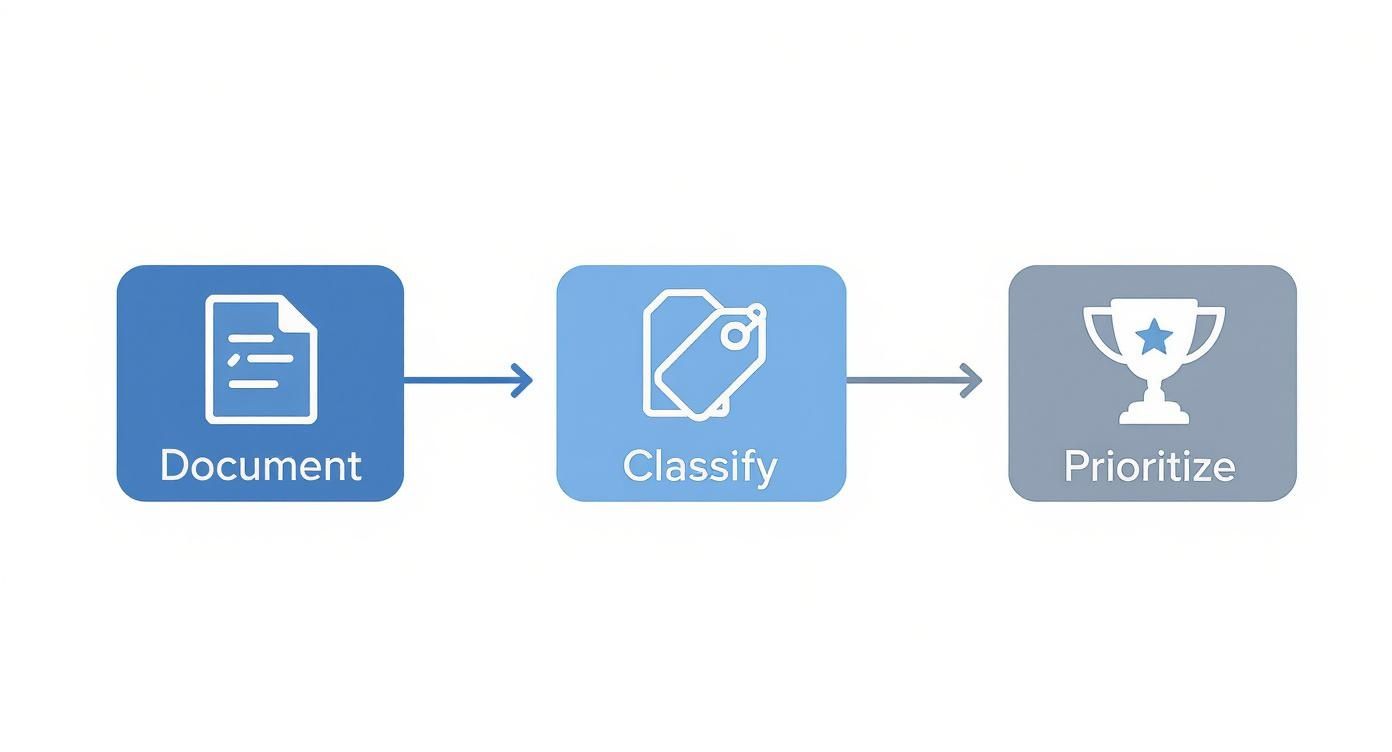 A three-step workflow diagram showing Document, Classify, and Prioritize with respective icons.