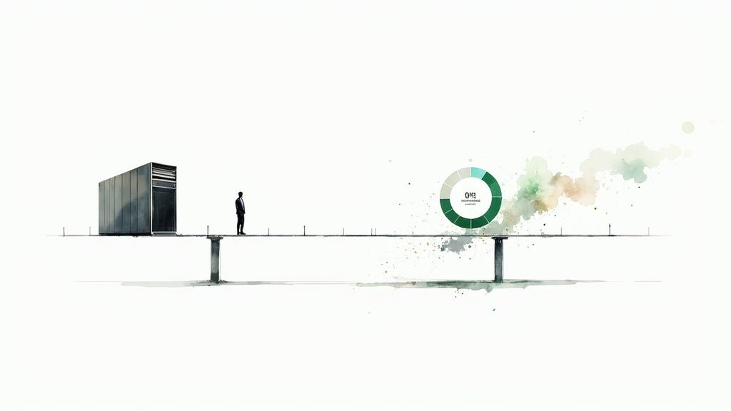 A person stands next to a server, observing a green pie chart and watercolor-like emissions.