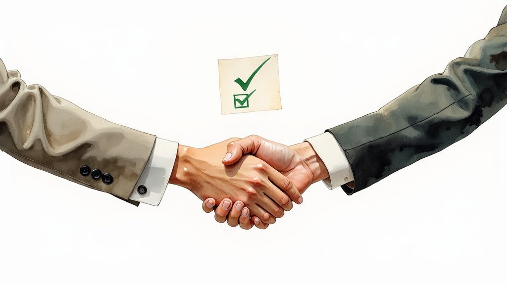 Two people in business suits shaking hands, with a paper note displaying a green checkmark above them.