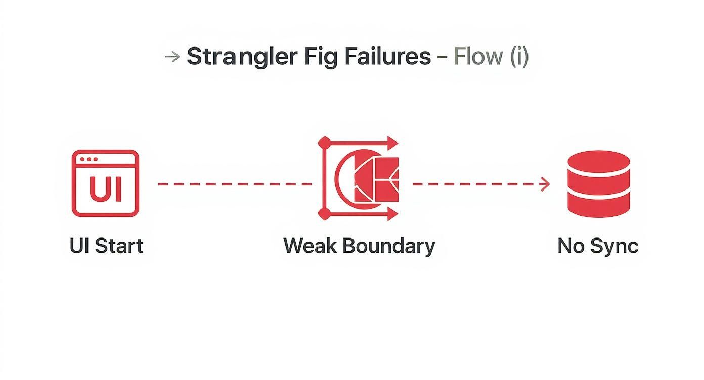 Flow diagram illustrating Strangler Fig architecture failures from UI Start through a weak boundary to no synchronization.