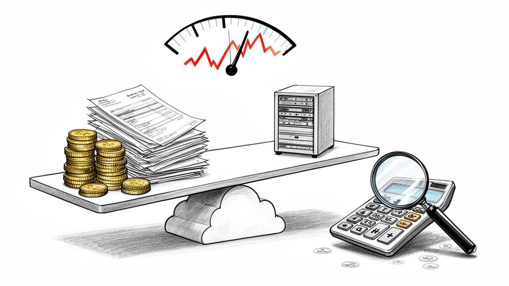 Cloud computing scale balancing IT costs, servers, and financial analysis with a performance meter.