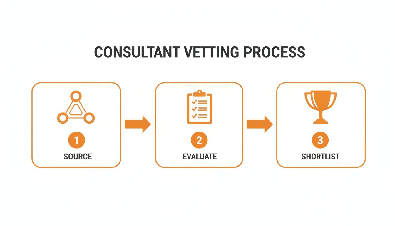 An infographic showing a three-step consultant vetting process: Source, Evaluate, and Shortlist.