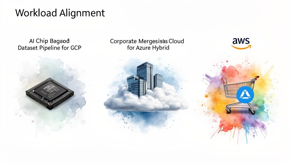 Image showcasing workload alignment across AI Chip/GCP, Corporate Cloud/Azure Hybrid, and AWS services.