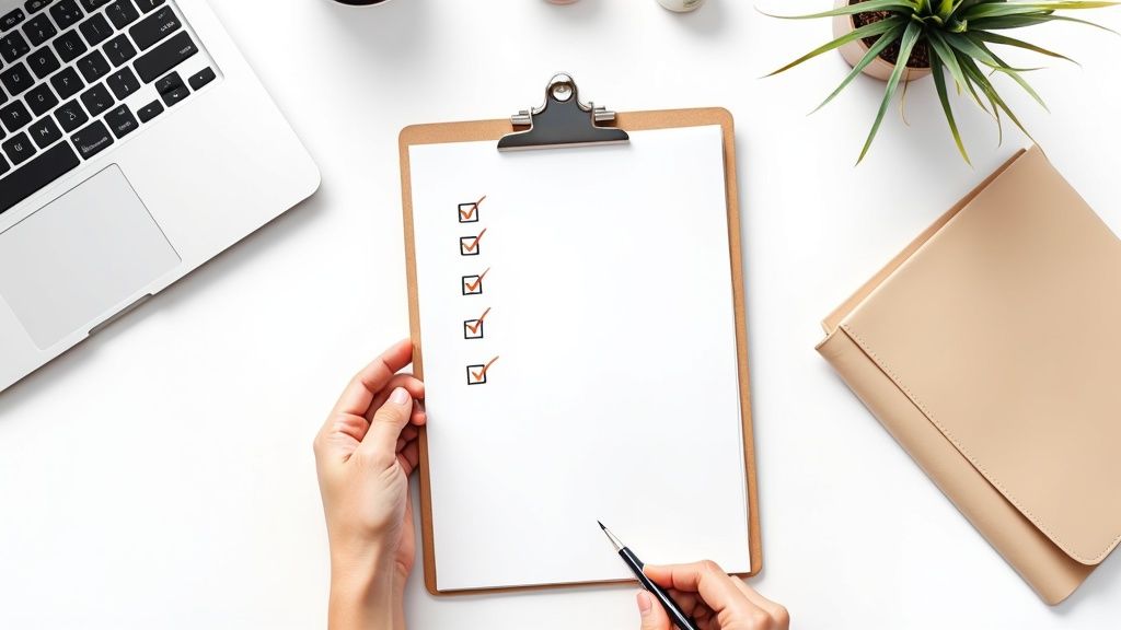 Flat lay of a person checking off items on a to-do list with a laptop and plant.