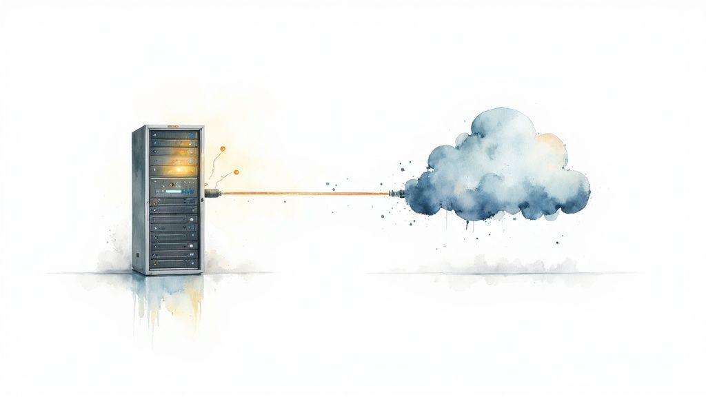 A watercolor illustration of a server rack connected to a cloud with an orange light beam, symbolizing cloud computing.