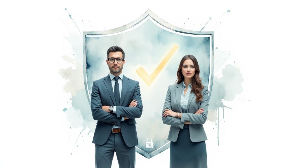 Two business professionals stand confidently before a shield with a checkmark and padlock, symbolizing security and compliance.