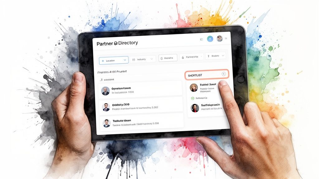 Hands interacting with a tablet displaying a partner directory application and a shortlist.