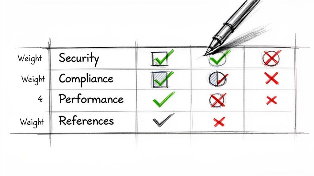 A hand-drawn checklist comparing security, compliance, performance, and references with various checkmarks and crosses.