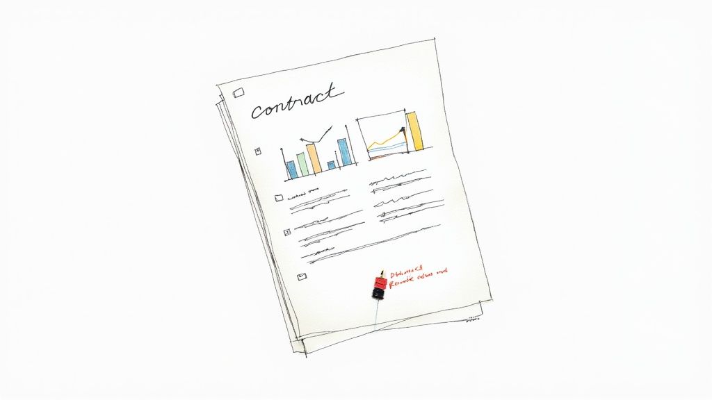 Hand-drawn illustration of a contract document with charts, bullet points, and a review note.